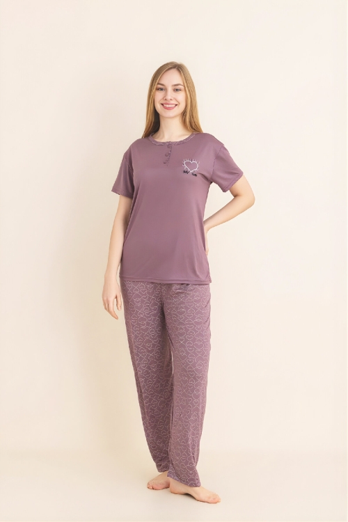 Kadın Pijama Takımı-Menekşe Kumaş-3 Düğmeli-Yaka Baskılı-12606SF
