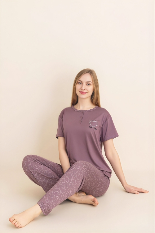 Kadın Pijama Takımı-Menekşe Kumaş-3 Düğmeli-Yaka Baskılı-12606SF