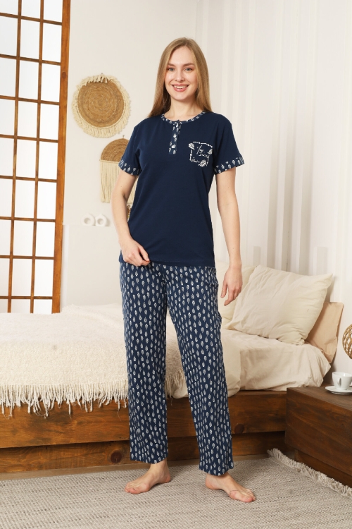 Kadın Pijama Takımı-Pamuk Penye Kumaş-3 Düğmeli 12607