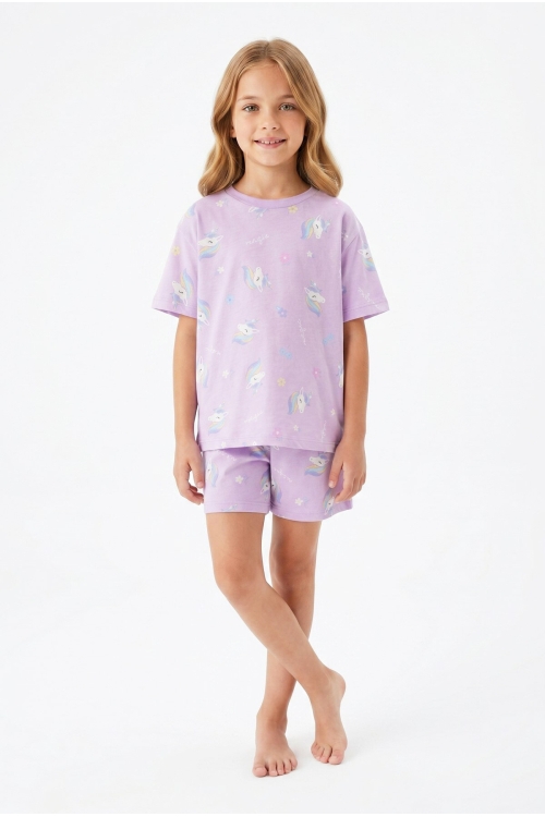 Kız Çocuk %100 Pamuk-Baskılı Ve Şortlu Pijama Takımı 3-13 Yaş 12722IS