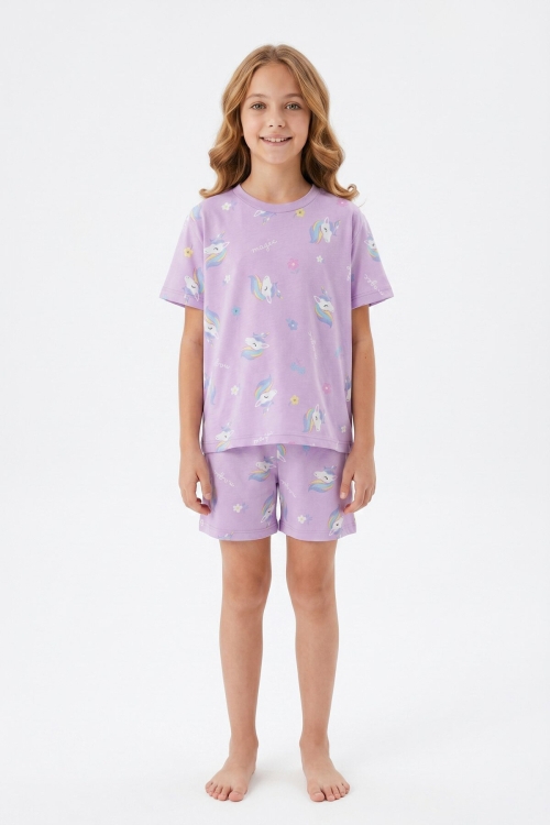 Kız Çocuk %100 Pamuk-Baskılı Ve Şortlu Pijama Takımı 3-13 Yaş 12722IS