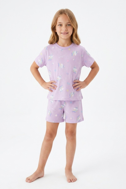Kız Çocuk %100 Pamuk-Baskılı Ve Şortlu Pijama Takımı 3-13 Yaş 12722IS