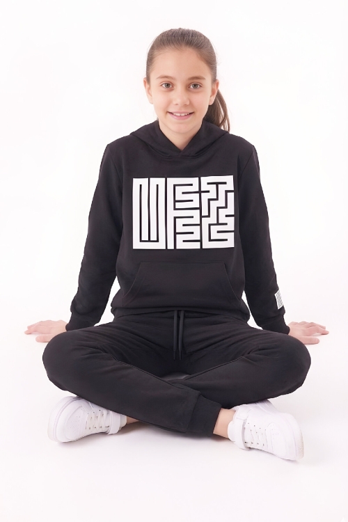 Kız Çocuk 2 İplik Küfe Yazı Görselli Kapüşonlu Alt-Üst Takım 12374