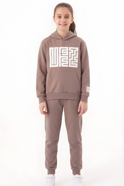 Kız Çocuk 2 İplik Küfe Yazı Görselli Kapüşonlu Alt-Üst Takım 12374