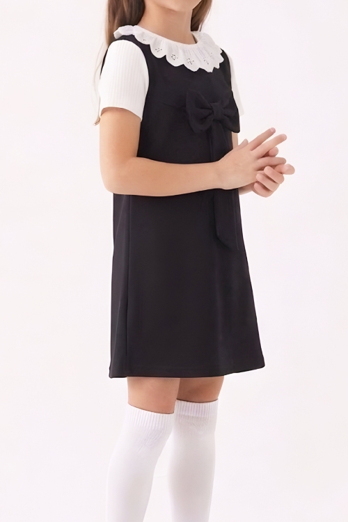 Kız Çocuk 2li Elbise (Double Face Kumaş Elbise+Nakış Yakalı Bluz) 4-9 Yaş 12563