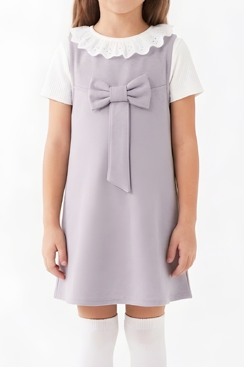 Kız Çocuk 2li Elbise (Double Face Kumaş Elbise+Nakış Yakalı Bluz) 4-9 Yaş 12563