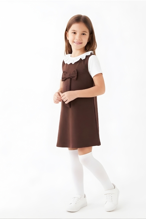 Kız Çocuk 2li Elbise (Double Face Kumaş Elbise+Nakış Yakalı Bluz) 4-9 Yaş 12563