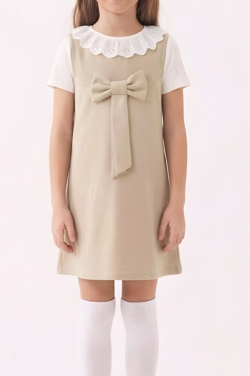 Kız Çocuk 2li Elbise (Double Face Kumaş Elbise+Nakış Yakalı Bluz) 4-9 Yaş 12563