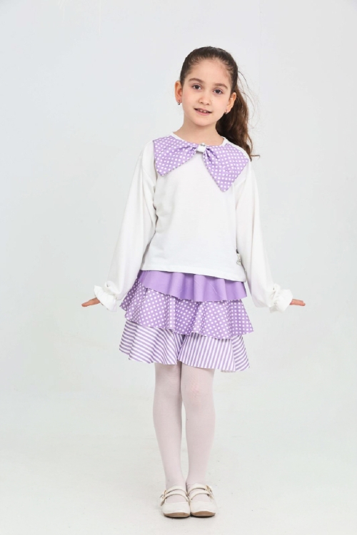 Kız Çocuk 2li Elbise -Kat Kat Etekli ve Fiyonk Detaylı 3-12 Yaş 12520