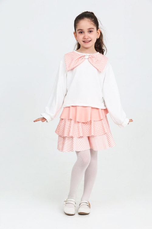 Kız Çocuk 2li Elbise -Kat Kat Etekli ve Fiyonk Detaylı 3-12 Yaş 12520