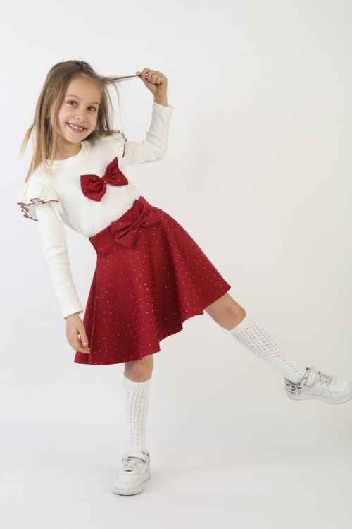 Kız Çocuk 2li Elbise Taş Süslemeli Etek+Omuz Detaylı ve Fiyonklu Bluz 4-9 Yaş 12503