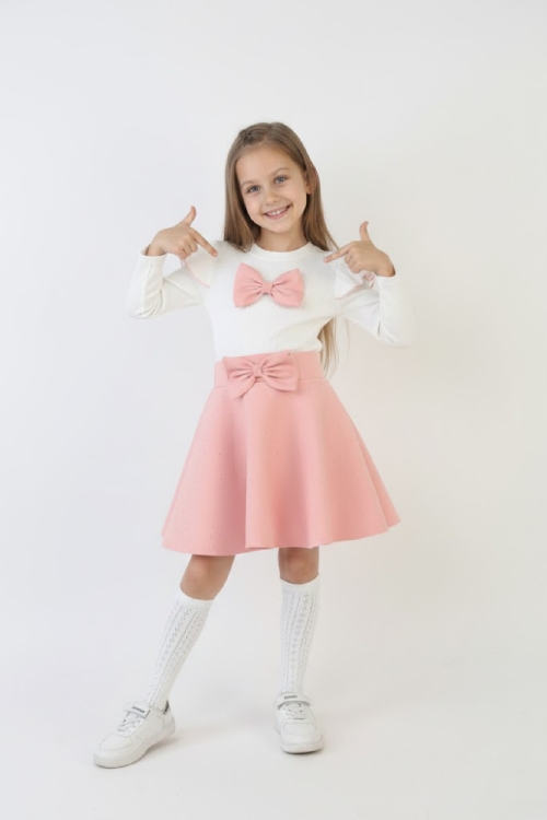 Kız Çocuk 2li Elbise Taş Süslemeli Etek+Omuz Detaylı ve Fiyonklu Bluz 4-9 Yaş 12503