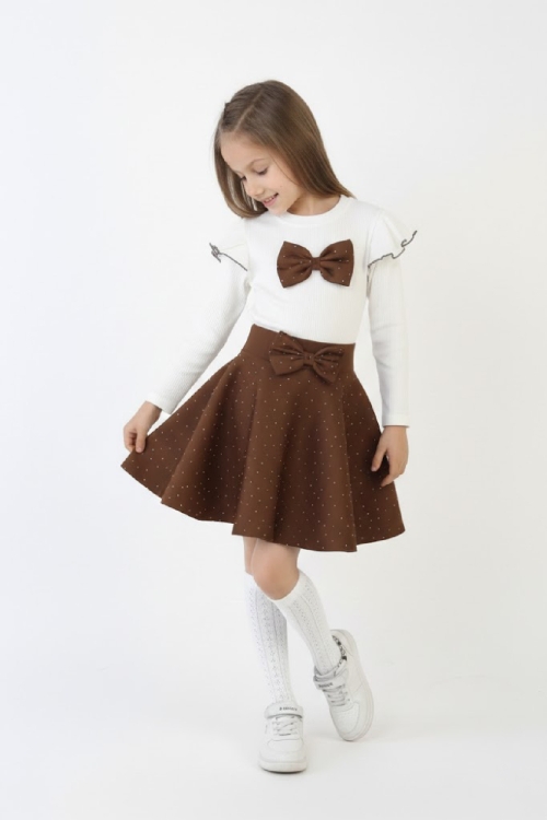 Kız Çocuk 2li Elbise Taş Süslemeli Etek+Omuz Detaylı ve Fiyonklu Bluz 4-9 Yaş 12503