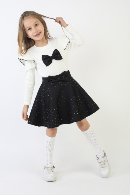 Kız Çocuk 2li Elbise Taş Süslemeli Etek+Omuz Detaylı ve Fiyonklu Bluz 4-9 Yaş 12503