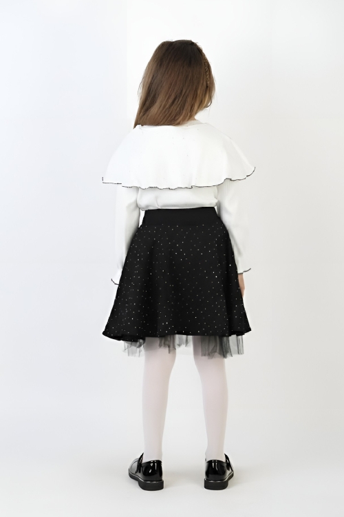 Kız Çocuk 2li Elbise Taş Süslemeli Etek+Şal Yakalı ve Fiyonklu Bluz 4-9 Yaş 12505