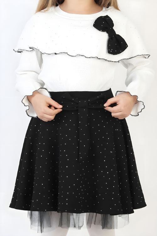 Kız Çocuk 2li Elbise Taş Süslemeli Etek+Şal Yakalı ve Fiyonklu Bluz 4-9 Yaş 12505