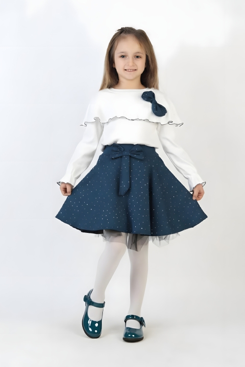 Kız Çocuk 2li Elbise Taş Süslemeli Etek+Şal Yakalı ve Fiyonklu Bluz 4-9 Yaş 12505