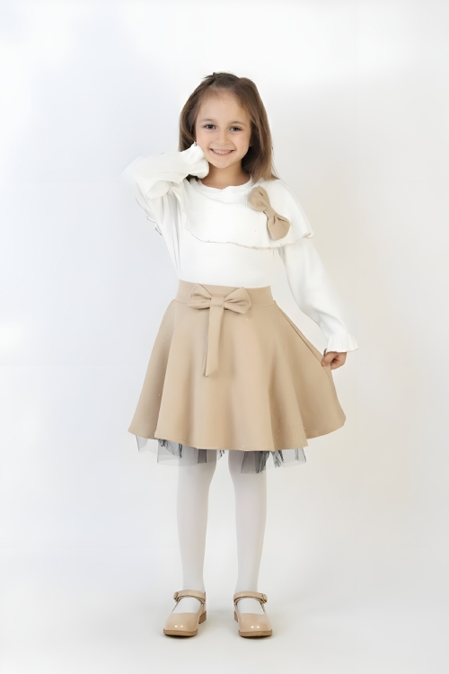 Kız Çocuk 2li Elbise Taş Süslemeli Etek+Şal Yakalı ve Fiyonklu Bluz 4-9 Yaş 12505