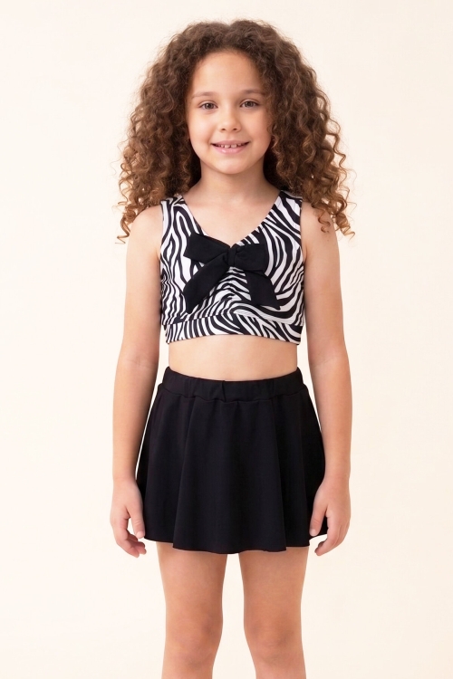 Kız Çocuk 2li Mayo Takımı Zebra Desenli ve Fiyonklu 7-12 Yaş 12695IS