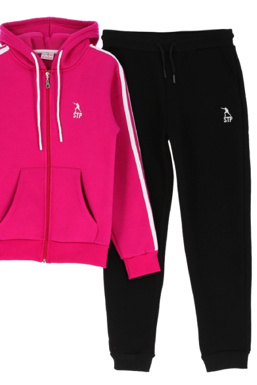 Kız Çocuk 3 İplik-Fermuarlı-Kapüşonlu-Kanguru Cepli Eşofman Takımı 12-16 Yaş 12376