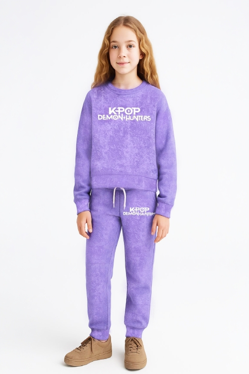 Kız Çocuk 3 İplik Şardonlu-Batik Desenli-Baskılı Alt-Üst Takım-3 -10 Yaş 12409