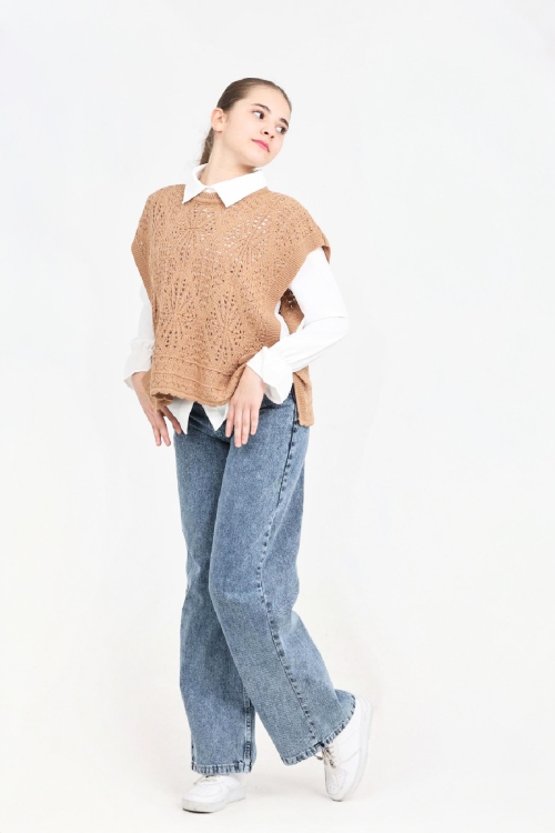 Kız Çocuk 3lü Jean Takım (Pantolon+Gömlek+Triko Yelek)  5-15 Yaş 12545