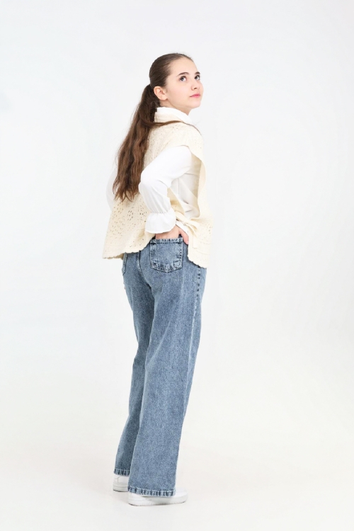 Kız Çocuk 3lü Jean Takım (Pantolon+Gömlek+Triko Yelek)  5-15 Yaş 12545