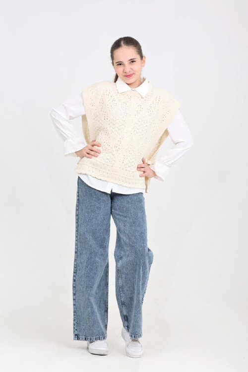 Kız Çocuk 3lü Jean Takım (Pantolon+Gömlek+Triko Yelek)  5-15 Yaş 12545