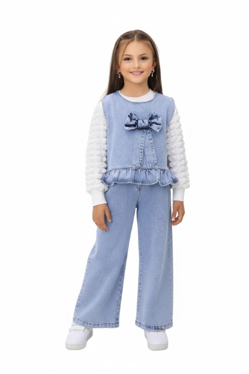 Kız Çocuk 3lü Jean Takım (Pantolon+Yelek+Bluz) 5-10 Yaş 12467