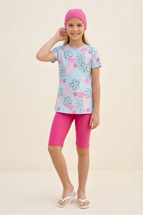 Kız Çocuk 3lü Mayo Takımı (Kısa Kollu Üst+Diz Boy Alt ve Bone) 7-16 Yaş 12591B