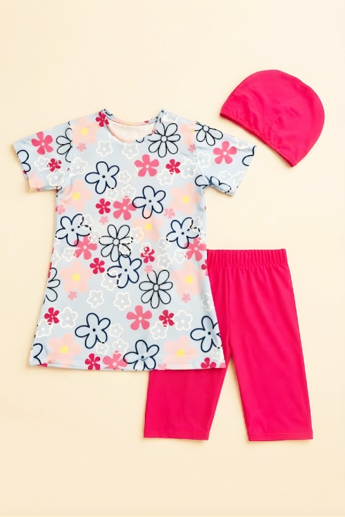 Kız Çocuk 3lü Mayo Takımı (Kısa Kollu Üst+Diz Boy Alt ve Bone) 7-16 Yaş 12591B