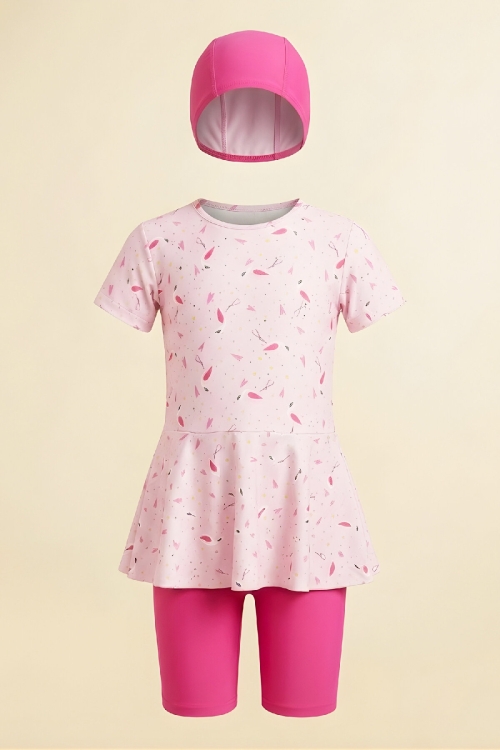 Kız Çocuk 3lü Mayo Takımı (Tunik Boy Üst+Diz Boy Alt ve Bone) 7-16 Yaş 12601B