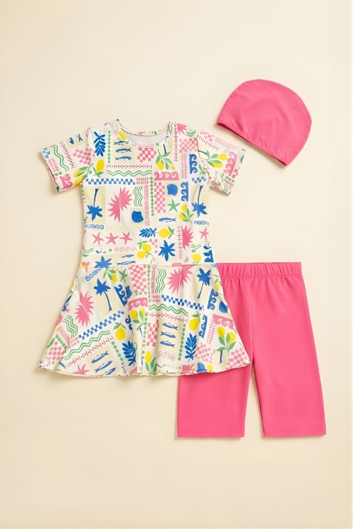 Kız Çocuk 3lü Mayo Takımı (Tunik Boy Üst+Diz Boy Alt ve Bone) 7-12 Yaş 12603B