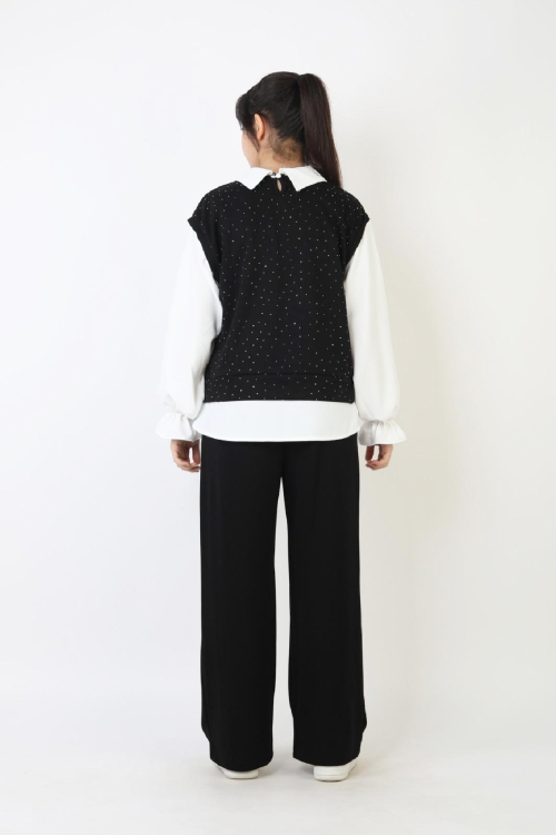 Kız Çocuk 3lü Takım - Double Face Kumaş-Taş Süslemeli ve Geniş Paçalı 12509