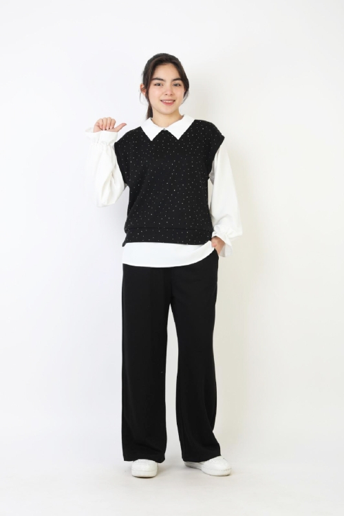 Kız Çocuk 3lü Takım - Double Face Kumaş-Taş Süslemeli ve Geniş Paçalı 12509