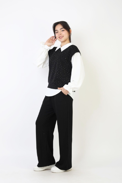 Kız Çocuk 3lü Takım - Double Face Kumaş-Taş Süslemeli ve Geniş Paçalı 12509