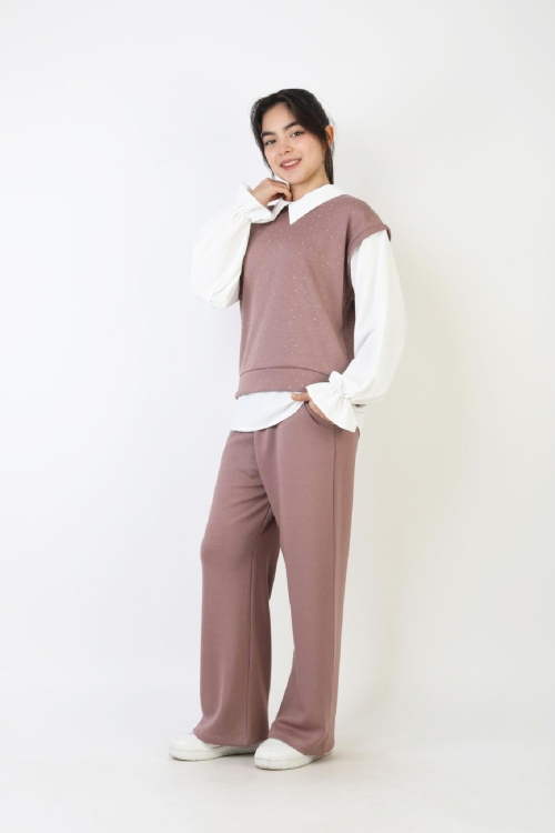 Kız Çocuk 3lü Takım - Double Face Kumaş-Taş Süslemeli ve Geniş Paçalı 12509