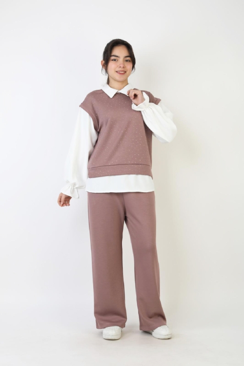 Kız Çocuk 3lü Takım - Double Face Kumaş-Taş Süslemeli ve Geniş Paçalı 12509