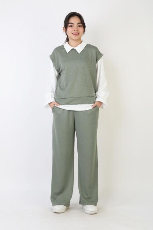 Kız Çocuk 3lü Takım - Double Face Kumaş-Taş Süslemeli ve Geniş Paçalı 12509