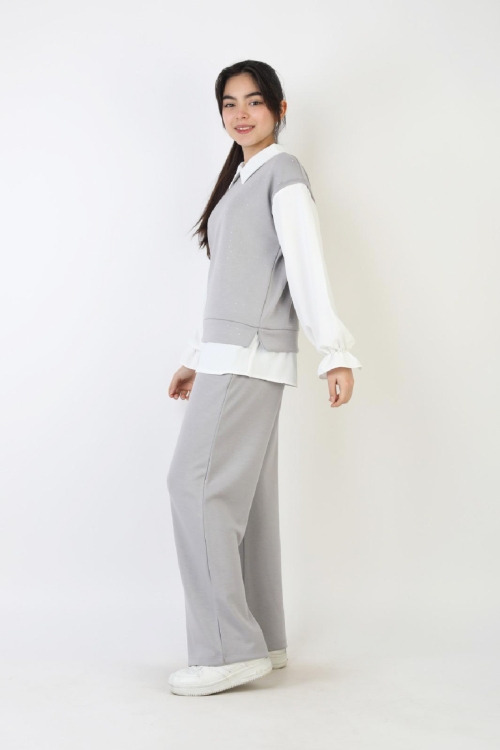 Kız Çocuk 3lü Takım - Double Face Kumaş-Taş Süslemeli ve Geniş Paçalı 12509