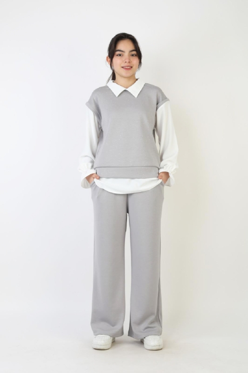 Kız Çocuk 3lü Takım - Double Face Kumaş-Taş Süslemeli ve Geniş Paçalı 12509