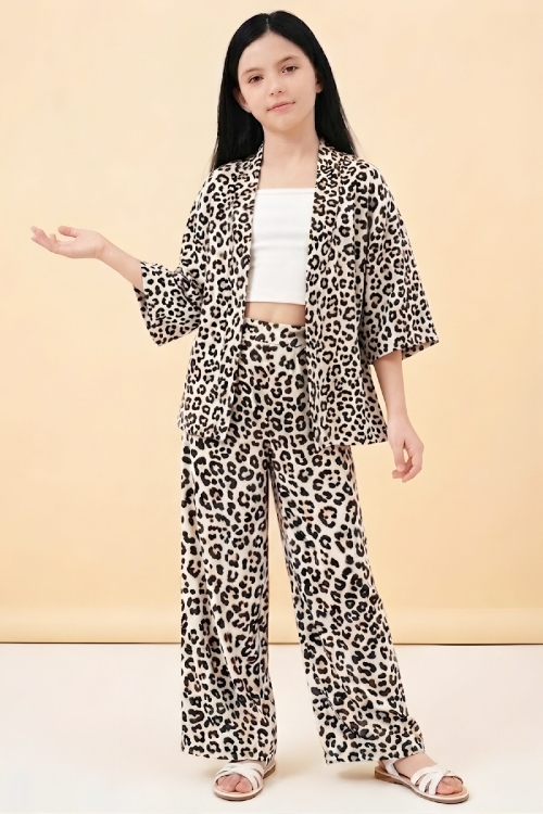 Kız Çocuk 3lü Takım -Rotasyon  Desenli Ceket+Pantolon+Badi 5-14 Yaş 12579HC