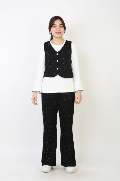 Kız Çocuk 3lü Takım-Yelekli,Taş Süslemeli ve Geniş Paçalı 12515