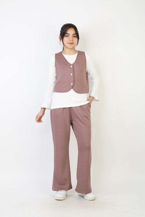 Kız Çocuk 3lü Takım-Yelekli,Taş Süslemeli ve Geniş Paçalı 12515