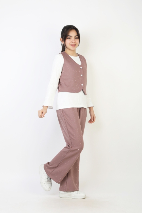 Kız Çocuk 3lü Takım-Yelekli,Taş Süslemeli ve Geniş Paçalı 12515