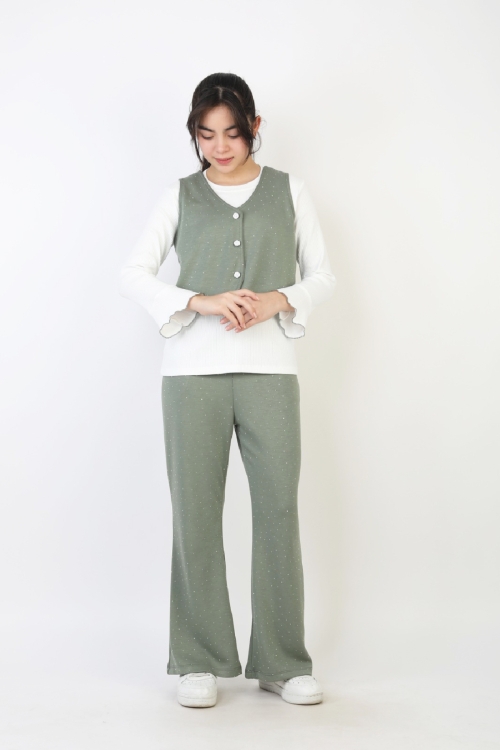 Kız Çocuk 3lü Takım-Yelekli,Taş Süslemeli ve Geniş Paçalı 12515