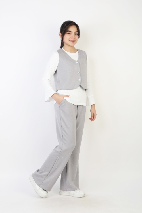 Kız Çocuk 3lü Takım-Yelekli,Taş Süslemeli ve Geniş Paçalı 12515