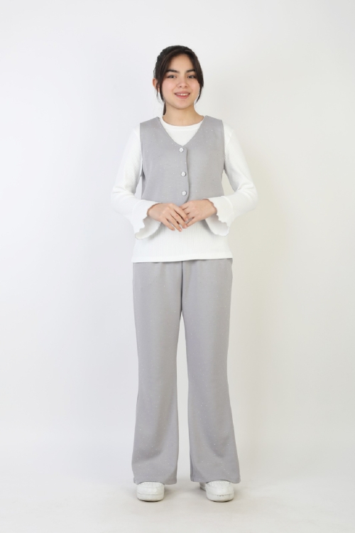 Kız Çocuk 3lü Takım-Yelekli,Taş Süslemeli ve Geniş Paçalı 12515