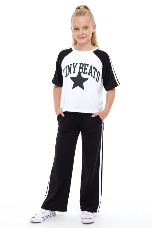 Kız Çocuk Alt-Üst Takım-Garni ve Biye Detaylı -Yazı Baskılı 4-12 Yaş 12549