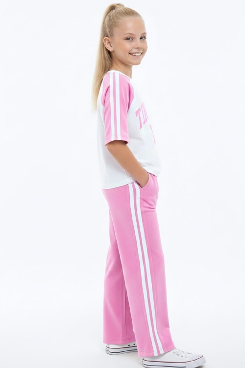 Kız Çocuk Alt-Üst Takım-Garni ve Biye Detaylı -Yazı Baskılı 4-12 Yaş 12549